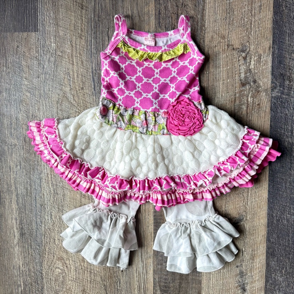 Giggle Moon Tunic Set Girls 24M Pink White Ruffle‎ Flower Boutique 2pc Outfit